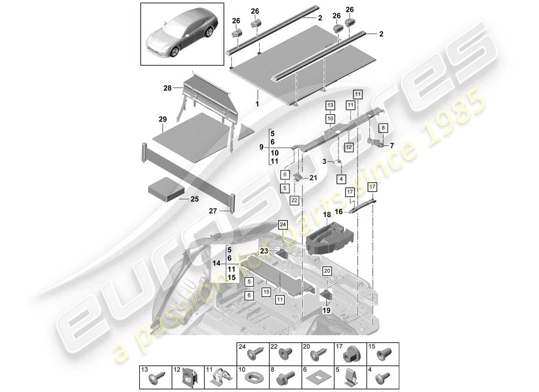 porsche panamera 971 (2017) kofferraumverkleidungen ersatzteildiagramm
