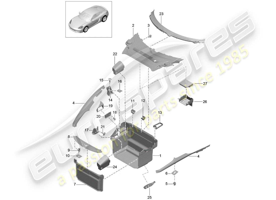 porsche 718 cayman (2020) kofferraumverkleidung - ersatzteildiagramm