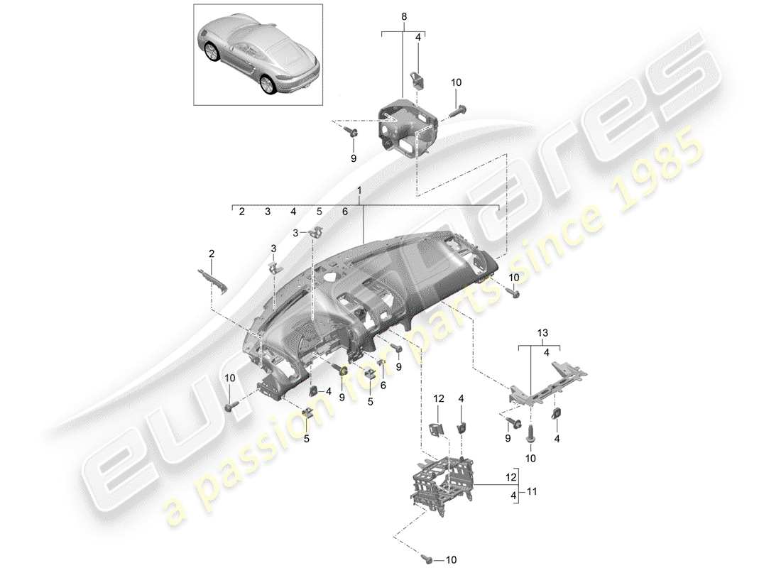 porsche 2019 (718 cayman) armaturenbrettverkleidung teilediagramm