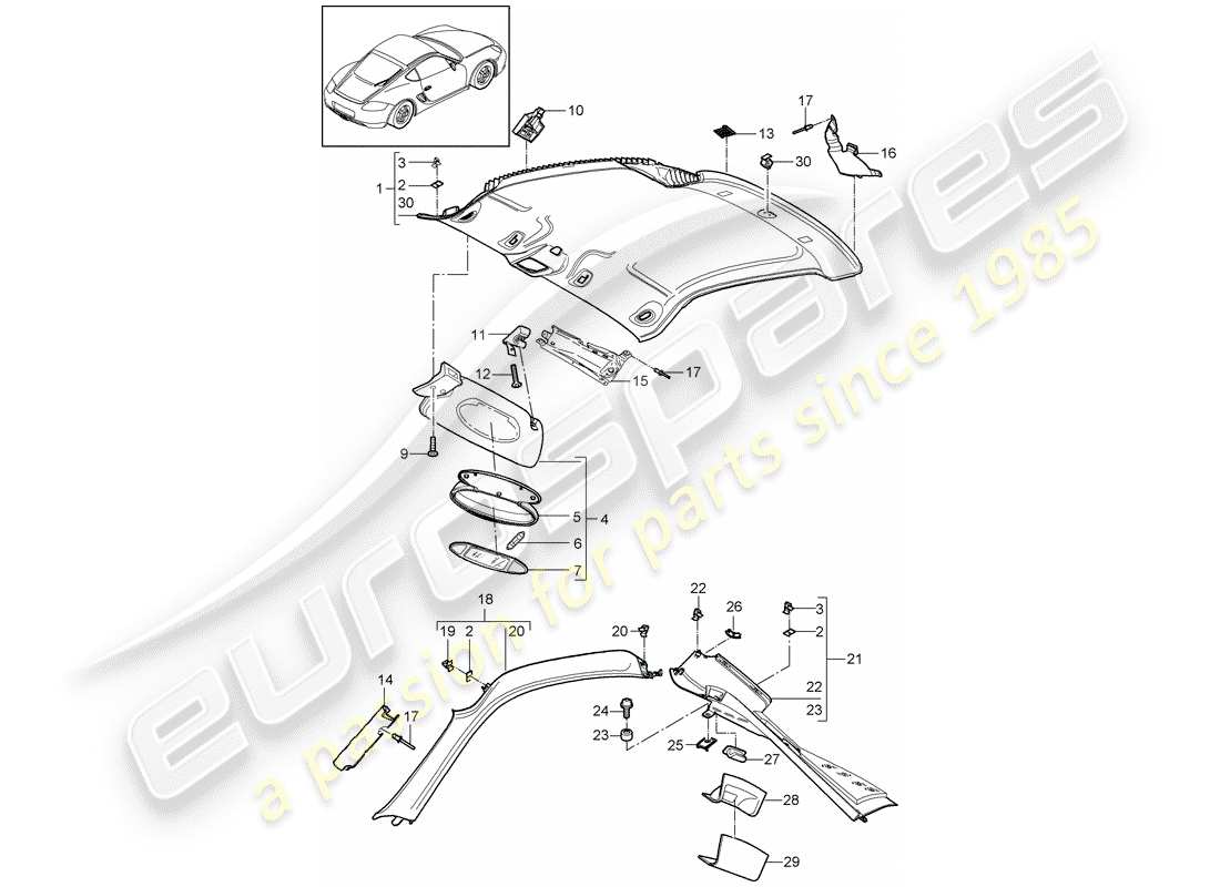 porsche 2007 (987 cayman) dachverkleidung - ersatzteildiagramm