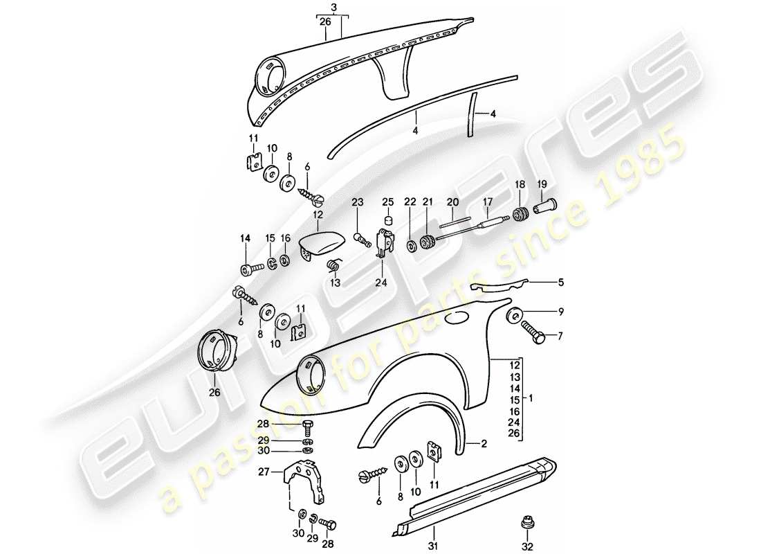 porsche 1989 (911) kotflügel - mit: - blechbecher für tank ersatzteildiagramm