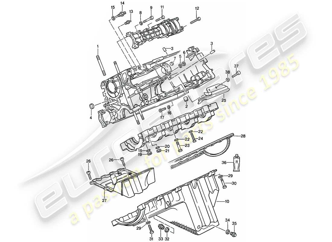 porsche 1988 (924s) kurbelgehäuse - befestigungselemente ersatzteildiagramm
