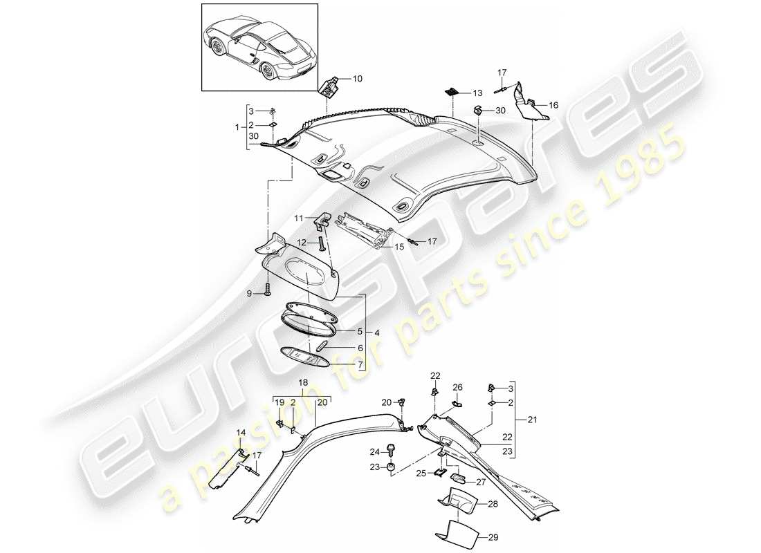 porsche 2011 (987 cayman) dachverkleidung - ersatzteildiagramm