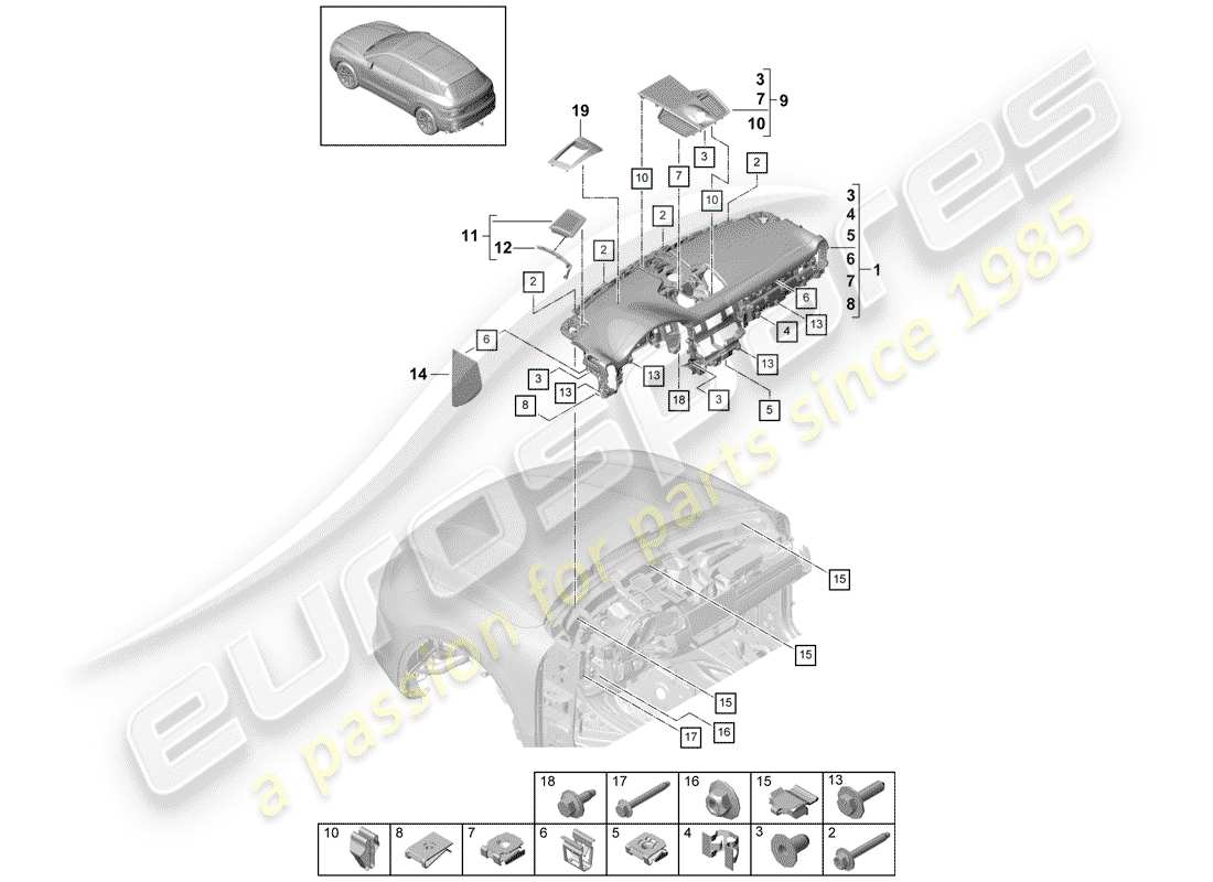 porsche 2018 (cayenne e3 9ya/9yb) armaturenbrettverkleidung - ersatzteildiagramm
