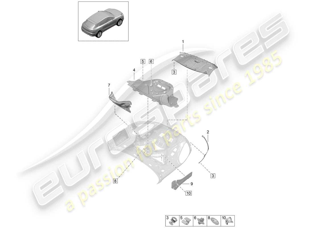 porsche 2020 (macan) dämpfung für motorraum ersatzteildiagramm