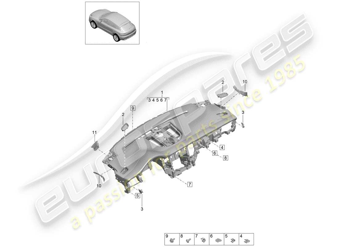 porsche 2020 (macan) armaturenbrettverkleidung - ersatzteildiagramm