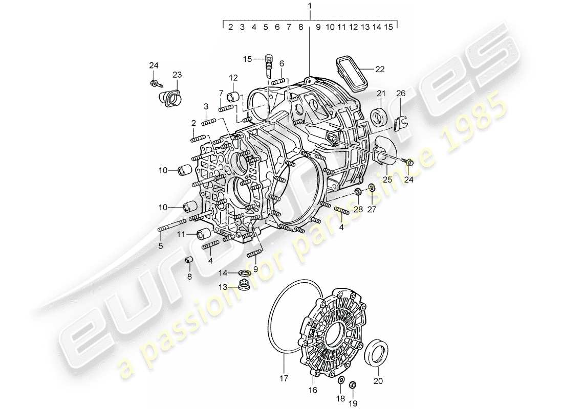 porsche 1996 (993) ersatzgetriebe - einbaubereit - getriebegehäuse teilediagramm