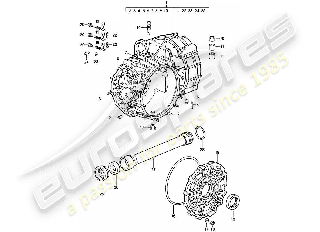 porsche 1987 (911) ersatzgetriebe - getriebegehäuse teilediagramm