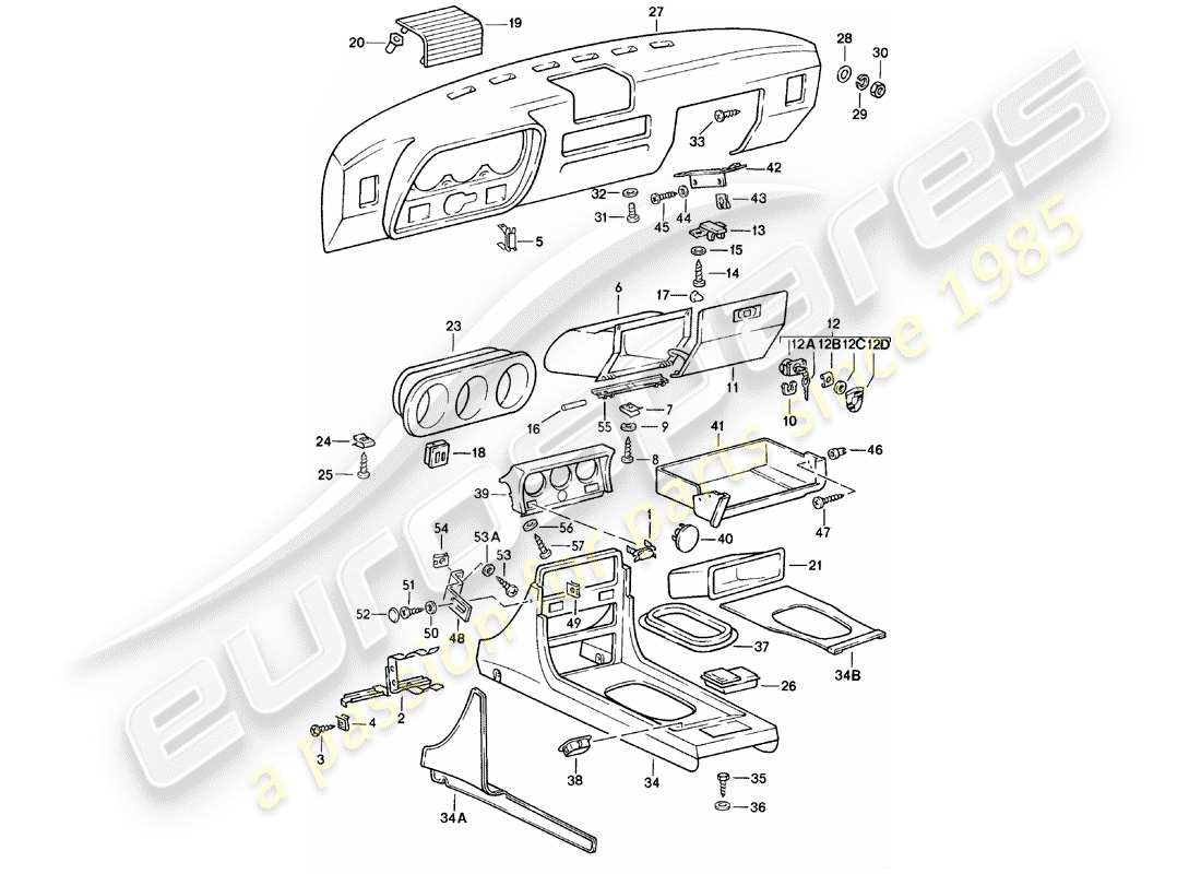 porsche 1983 (924) armaturenbrett - mittelkonsole ersatzteildiagramm