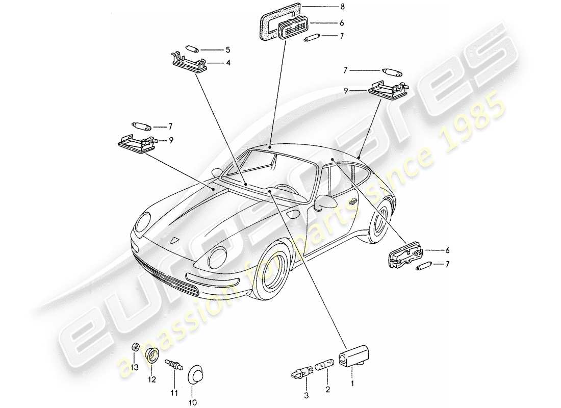 porsche 1994 (993) innenleuchten - gepäckraumlampe - motorraumlampe ersatzteildiagramm