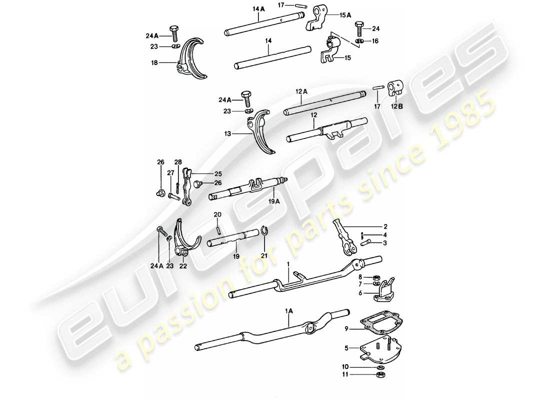 porsche 1982 (911) schaltstangen - schaltgabeln - 5. - geschwindigkeit - getriebe ersatzteildiagramm