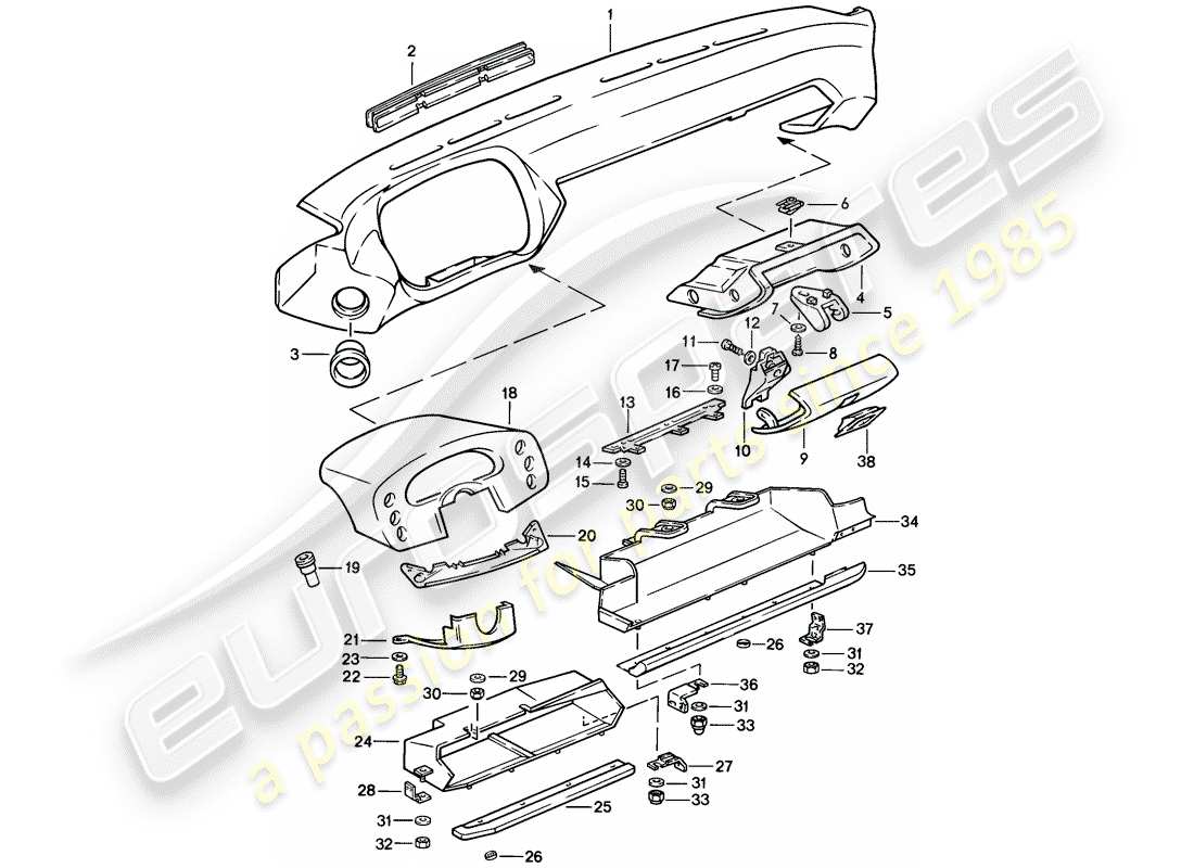 porsche 1984 (928) armaturenbrettverkleidung - ersatzteildiagramm