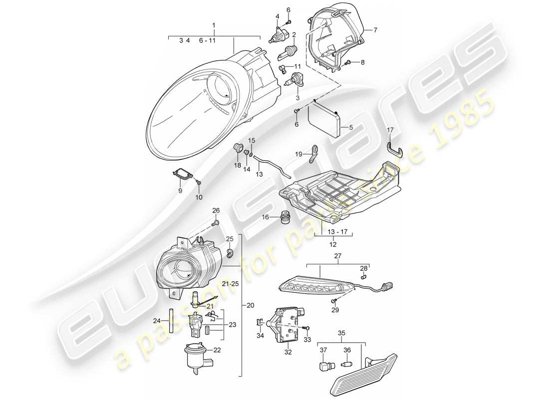 porsche 2008 (997-1 turbo / gt2) scheinwerfer-teilediagramm