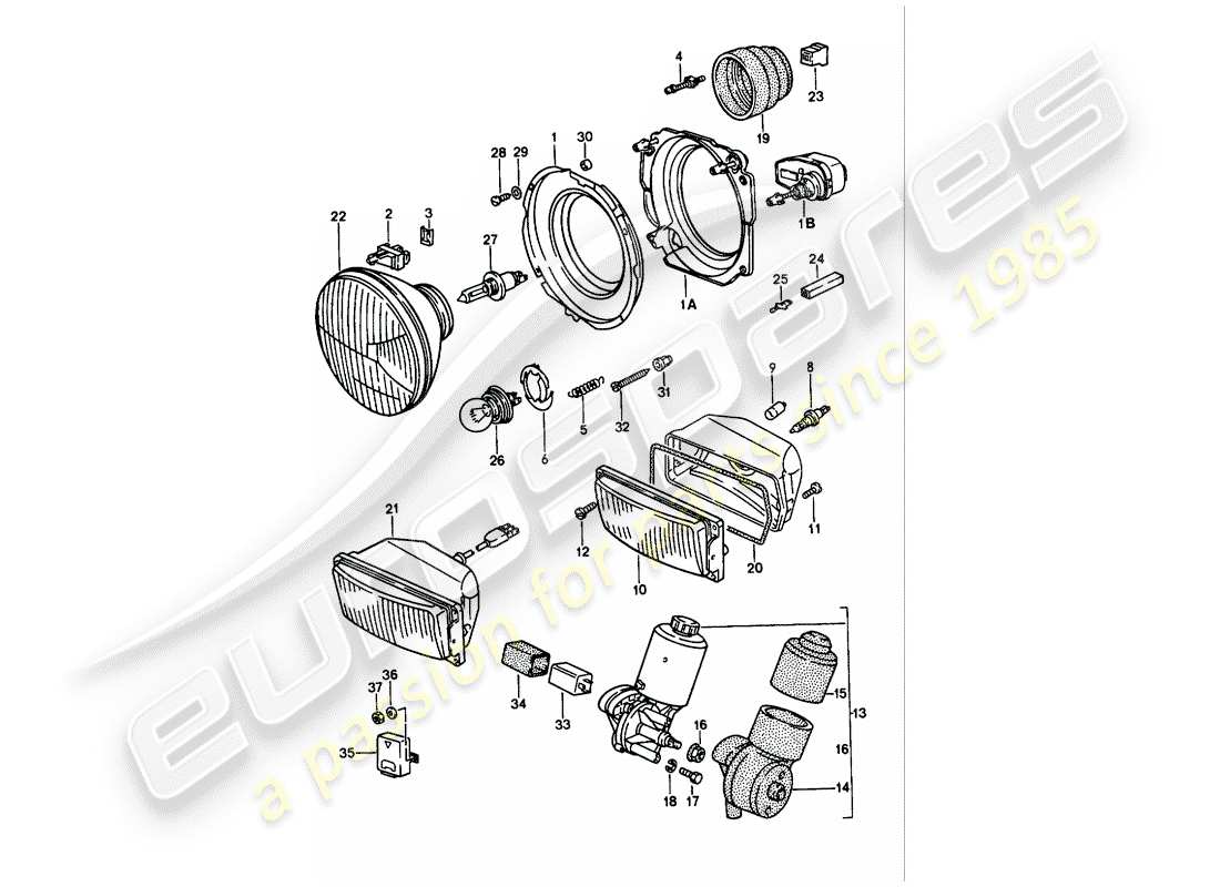 porsche 1988 (944) scheinwerfer - elektromotor - aufklappbarer scheinwerfer ersatzteildiagramm