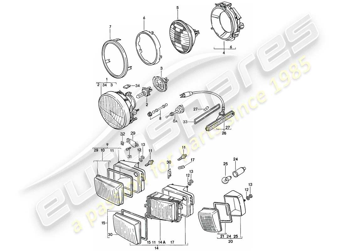 porsche 1984 (928) scheinwerfer - blinker ersatzteildiagramm