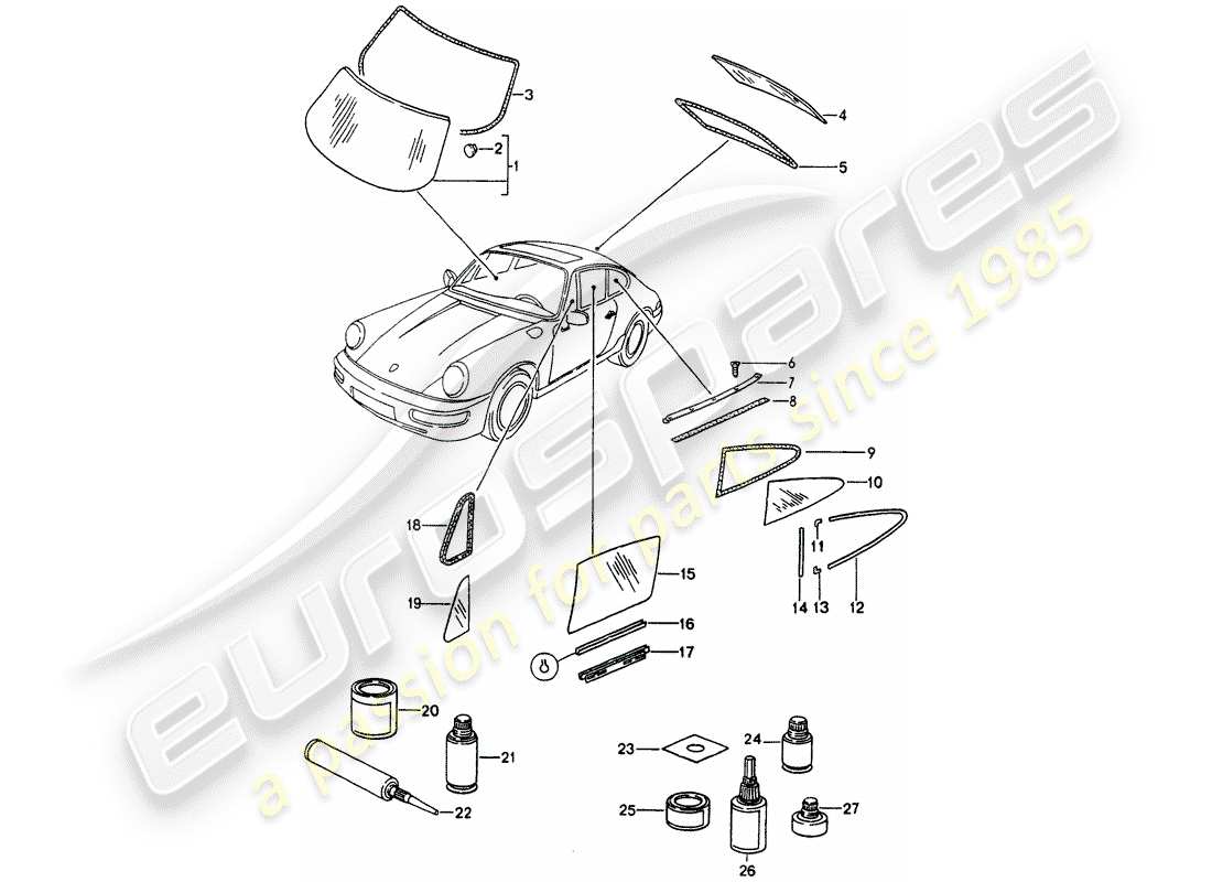 porsche 1993 (964) fensterverglasung ersatzteildiagramm