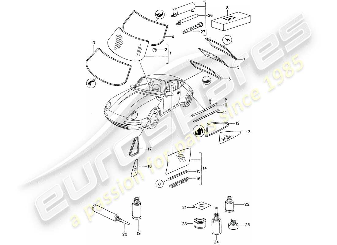 porsche 1998 (993) fensterverglasung ersatzteildiagramm