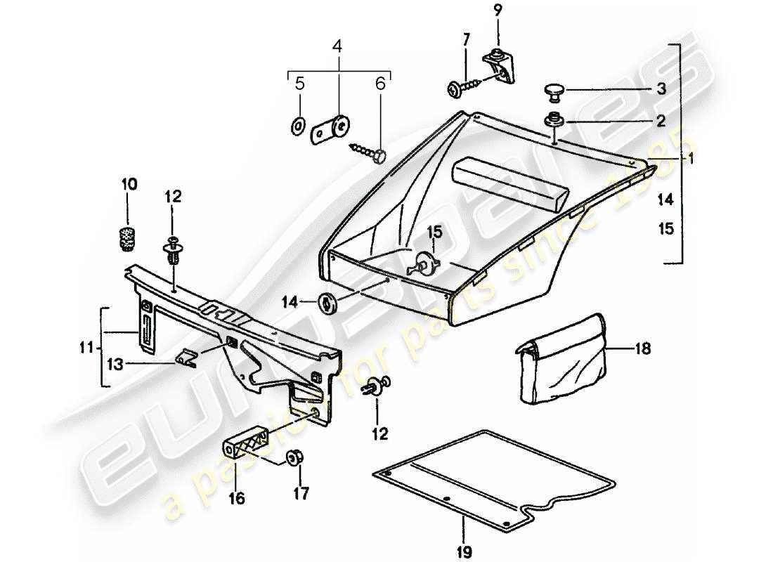 porsche 1998 (993) innenausstattung - vorderer gepäckraum ersatzteildiagramm
