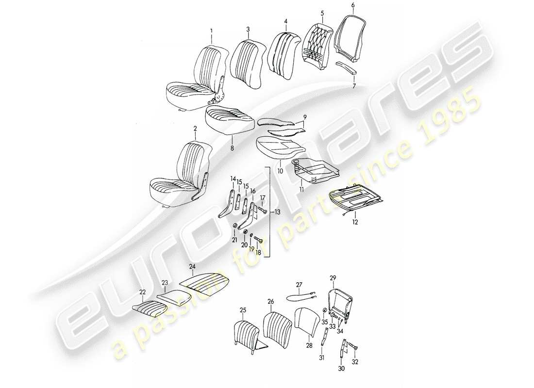 porsche 1965 (356b/356c) vordersitz - und notsitz ersatzteildiagramm