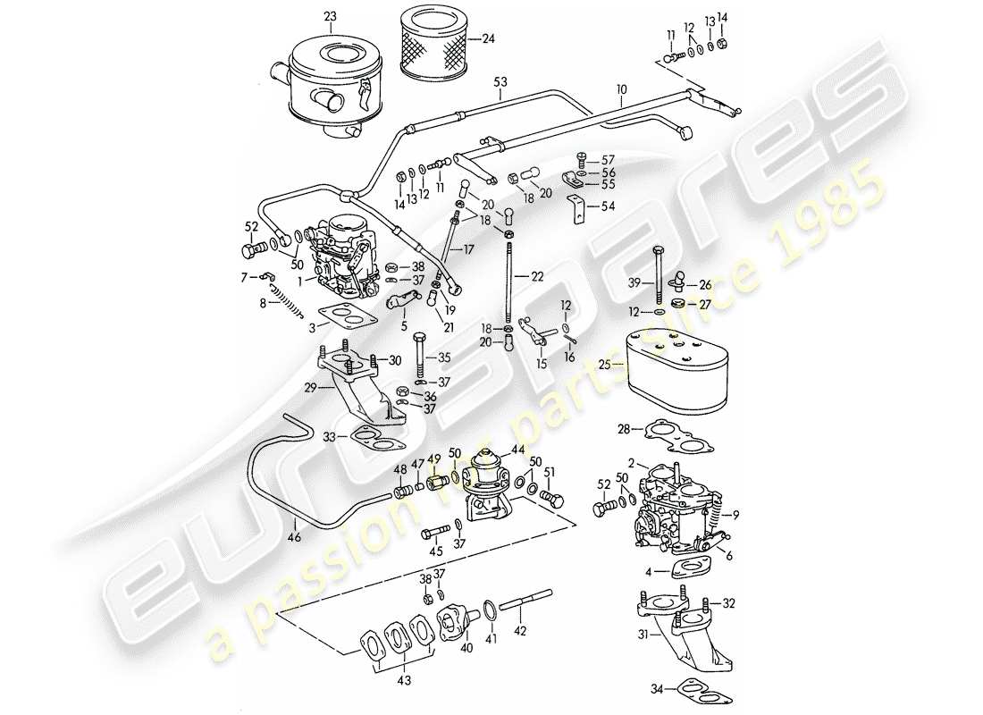 porsche 1962 (356b/356c) vergaser- und kraftstoffzufuhrleitung ersatzteildiagramm
