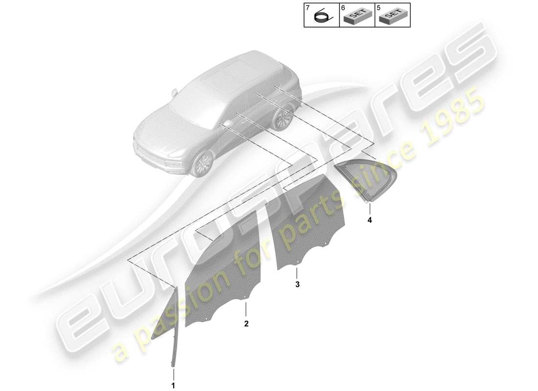 porsche 2020 (cayenne e3 9ya/9yb) seitenfenster-ersatzteildiagramm