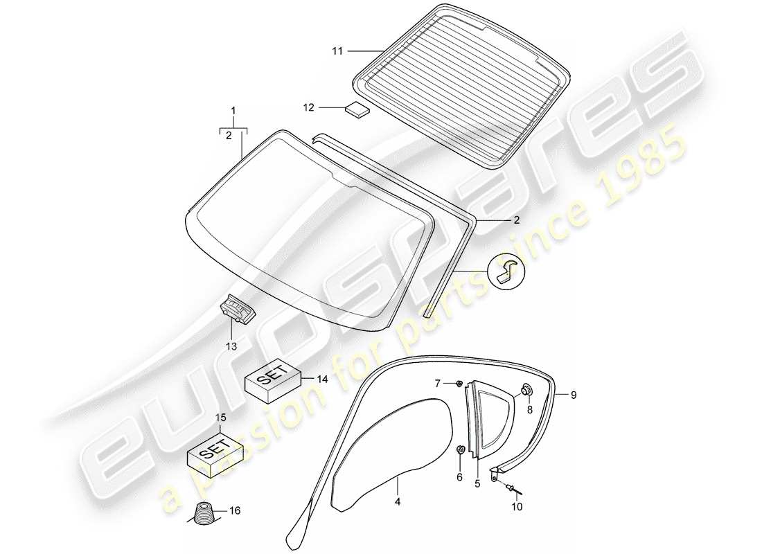 porsche 2007 (987 cayman) fensterverglasung ersatzteildiagramm