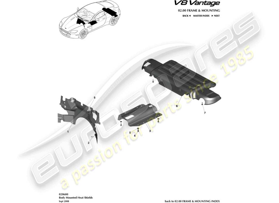 aston martin v8 vantage (2010) teilediagramm für hitzeschilde