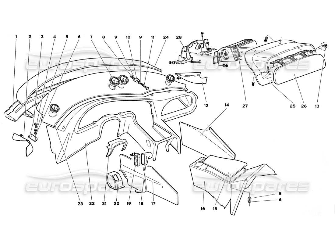 lamborghini diablo gt (1999) teilediagramm für innenraumverkleidungen im fahrgastraum mit airbag