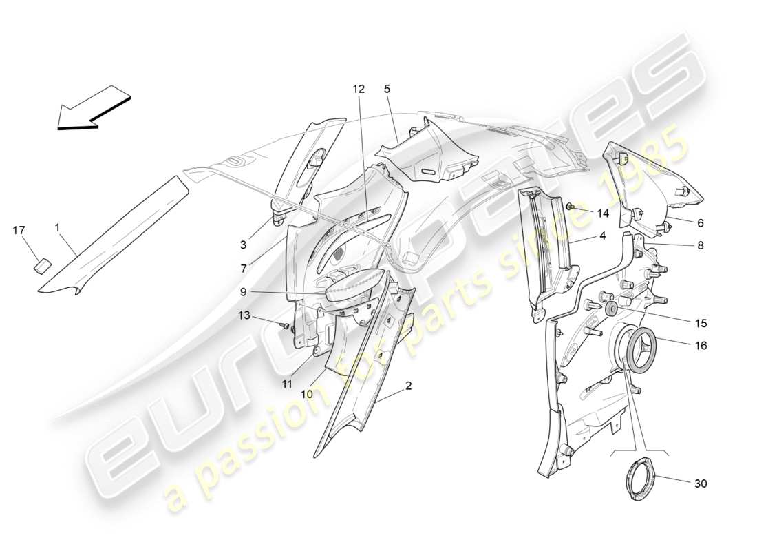 maserati granturismo s (2020) fahrgastinnenraum - b-säulenverkleidungen und seitenverkleidungen ersatzteildiagramm