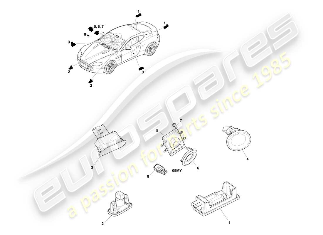 aston martin v8 vantage (2007) teilediagramm für innenbeleuchtung