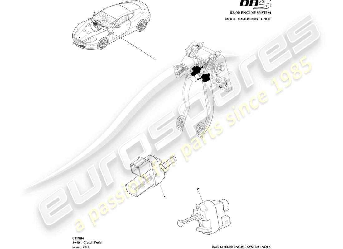 aston martin dbs (2012) teilediagramm des kupplungspedalschalters