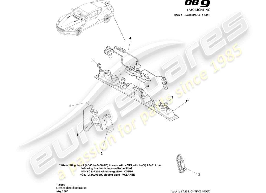 aston martin db9 (2012) teilediagramm für kennzeichenleuchten