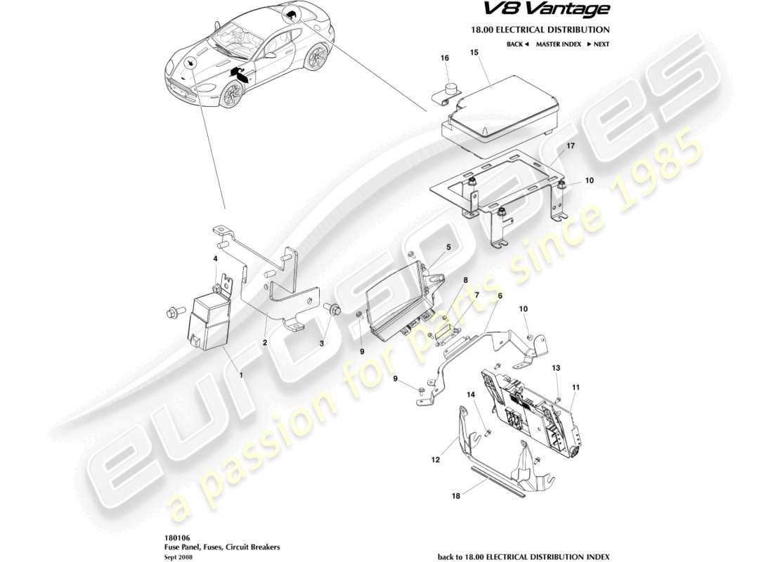 aston martin v8 vantage (2012) teilediagramm für sicherungskästen