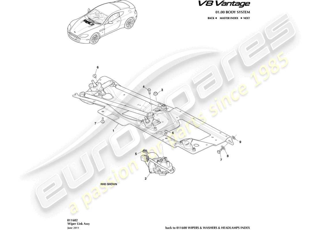 aston martin v8 vantage (2018) teilediagramm der wischergestängebaugruppe