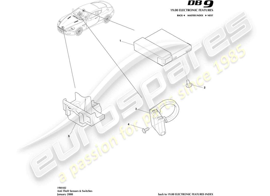 aston martin db9 (2006) teilediagramm für diebstahlschutzsensoren und -schalter