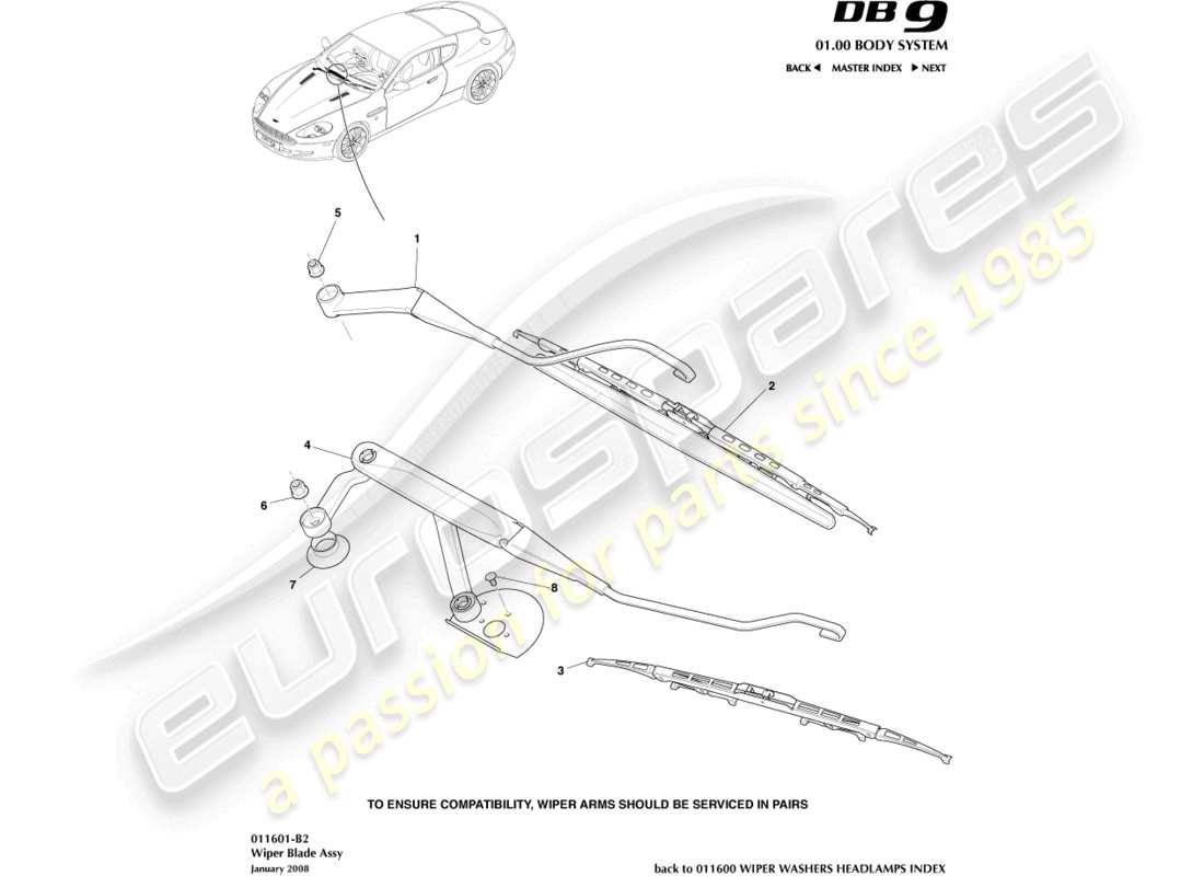 aston martin db9 (2012) teilediagramm der wischerblattbaugruppe