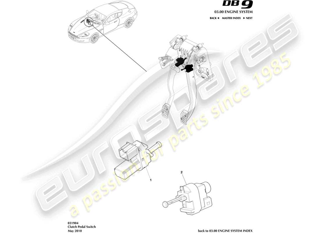 aston martin db9 (2012) teilediagramm des kupplungspedalschalters