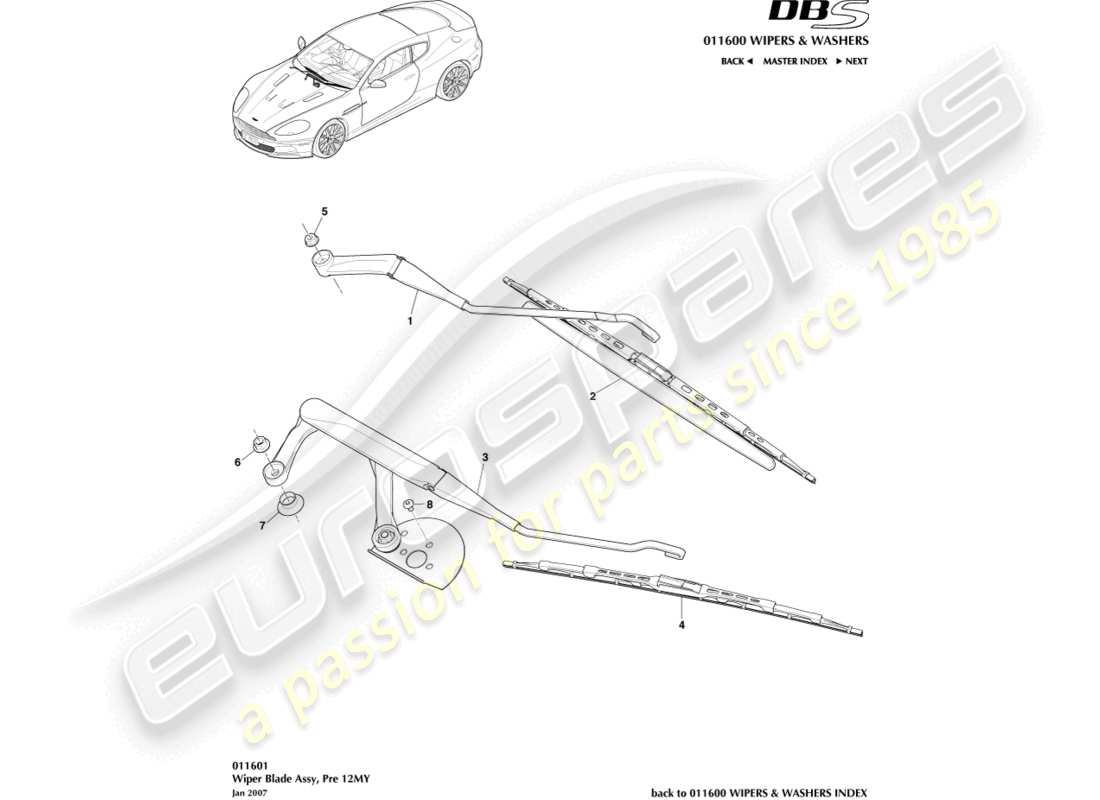 aston martin dbs (2012) teilediagramm der wischerblattbaugruppe