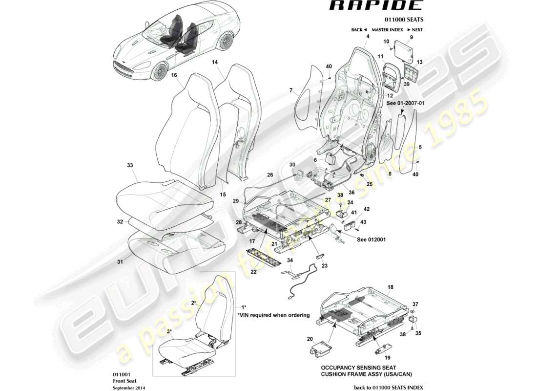 aston martin rapide (2011) teilediagramm für vordersitze