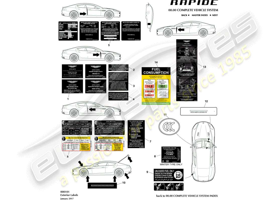 aston martin rapide (2011) teilediagramm für außenaufkleber