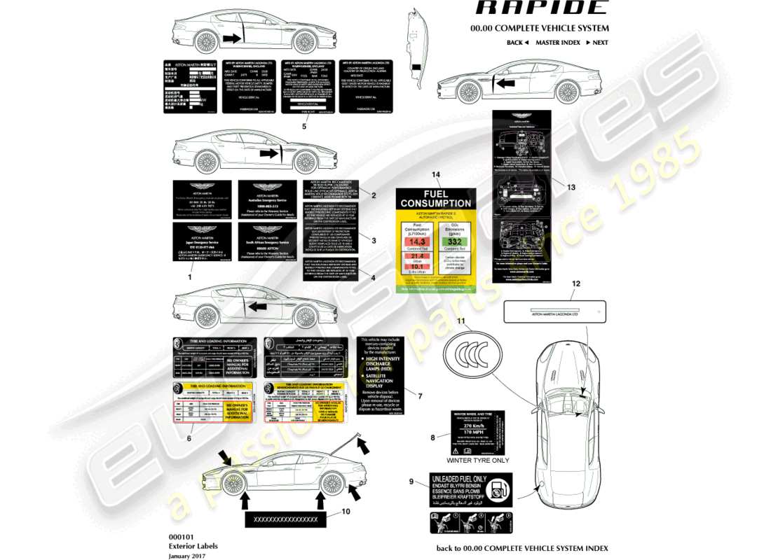 aston martin rapide (2014) teilediagramm für außenaufkleber