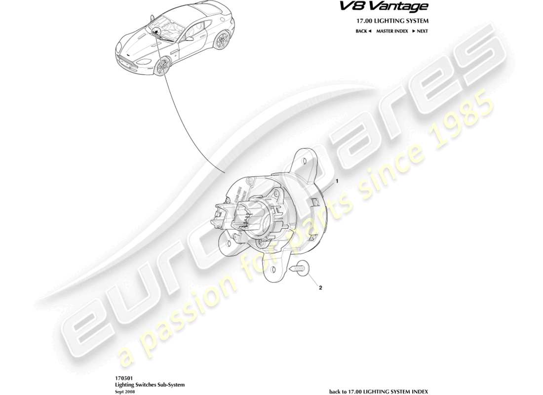 aston martin v8 vantage (2015) teilediagramm für lichtschalter
