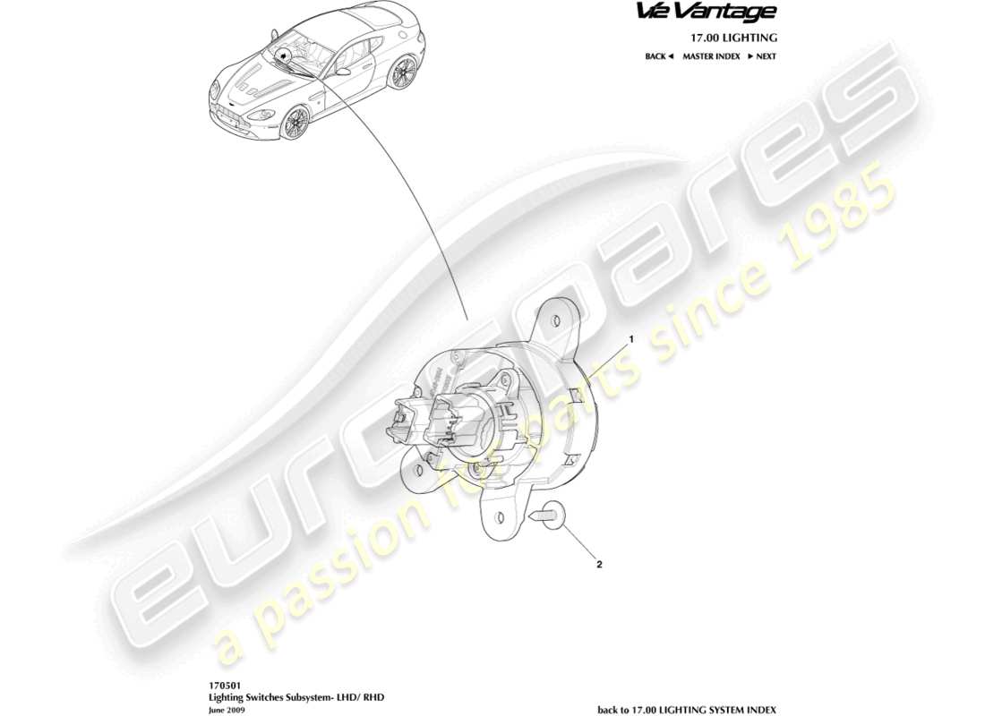 aston martin v12 vantage (2013) teilediagramm für lichtschalter