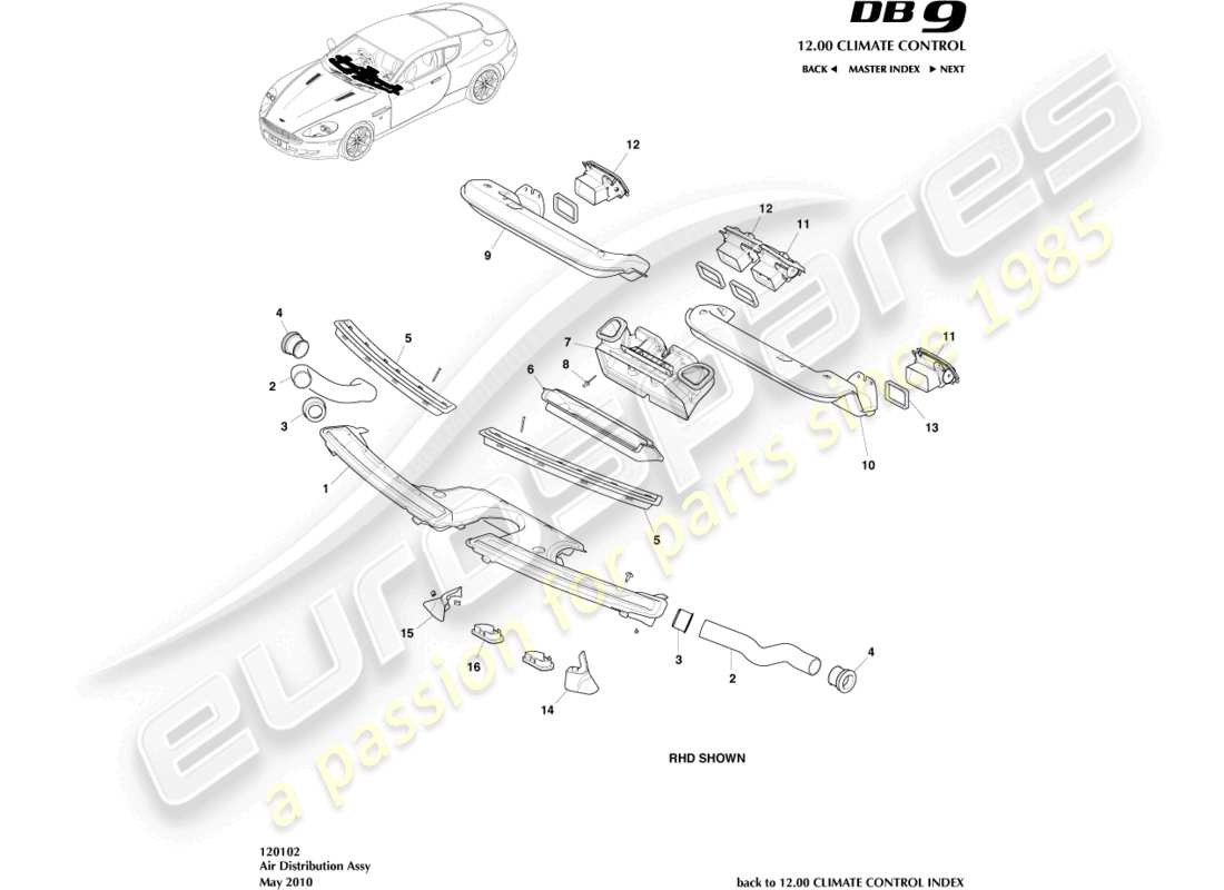 aston martin db9 (2004) teilediagramm der luftverteilungskomponenten