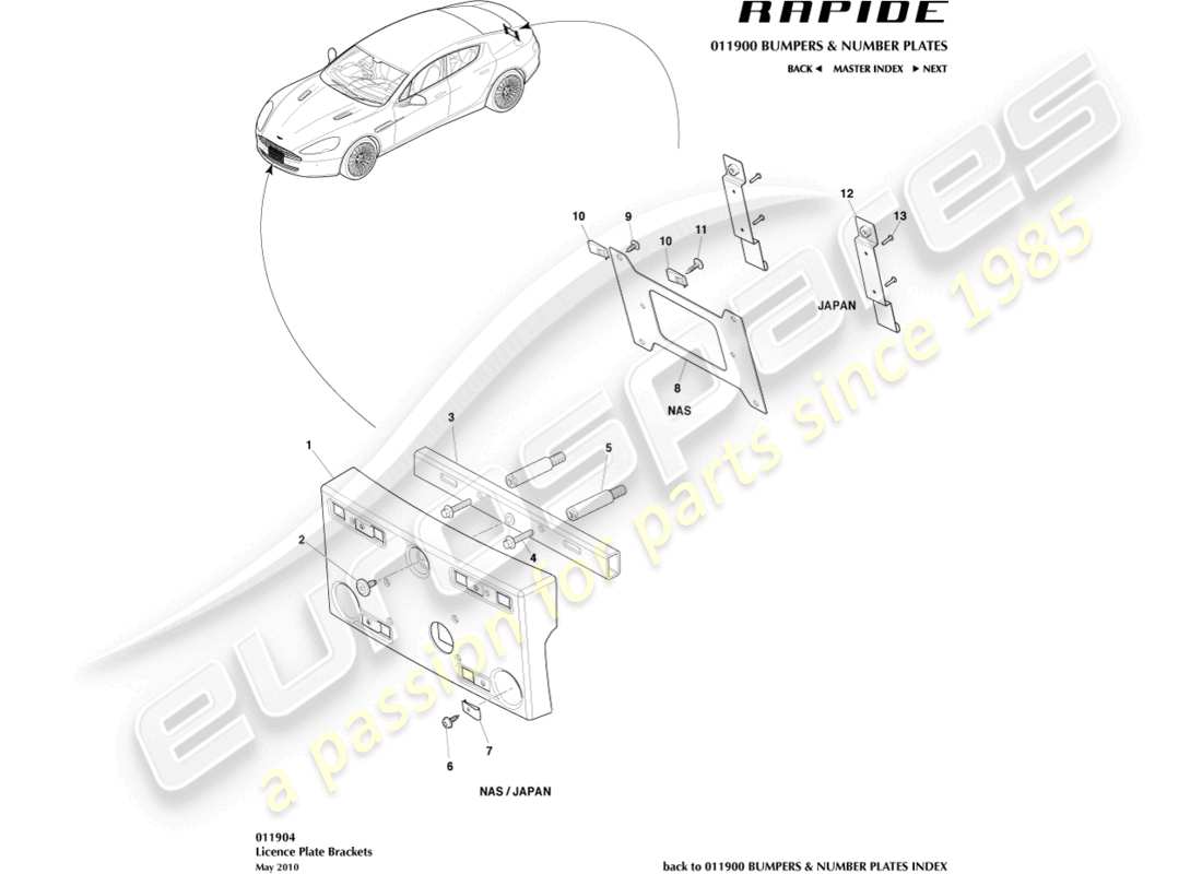 aston martin rapide (2011) teilediagramm für nummernschildsockel