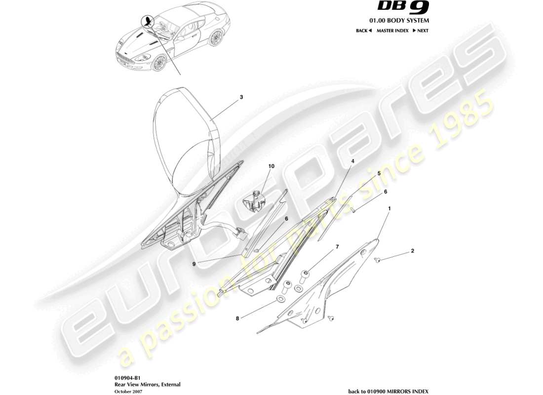 aston martin db9 (2006) teilediagramm für außenrückspiegel