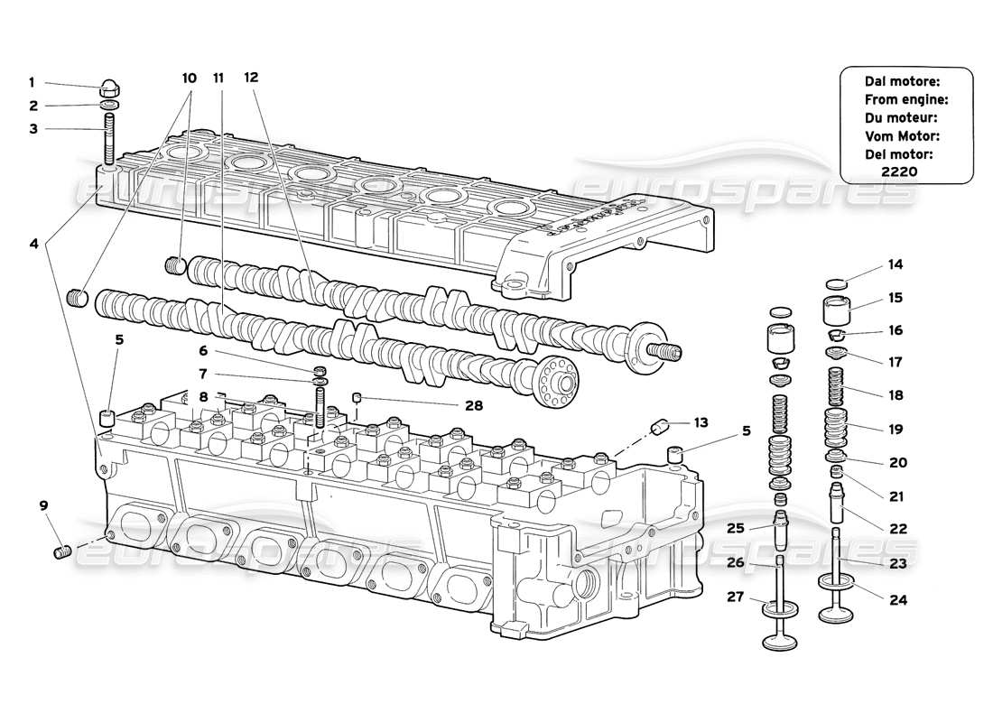 lamborghini diablo sv (1999) teilediagramm des rechten zylinderkopfs