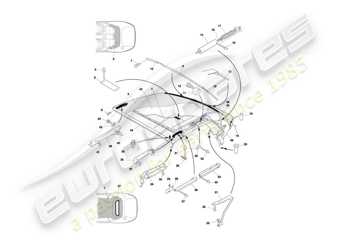 aston martin db7 vantage (1999) teilediagramm für volante-dach und obere verkleidung