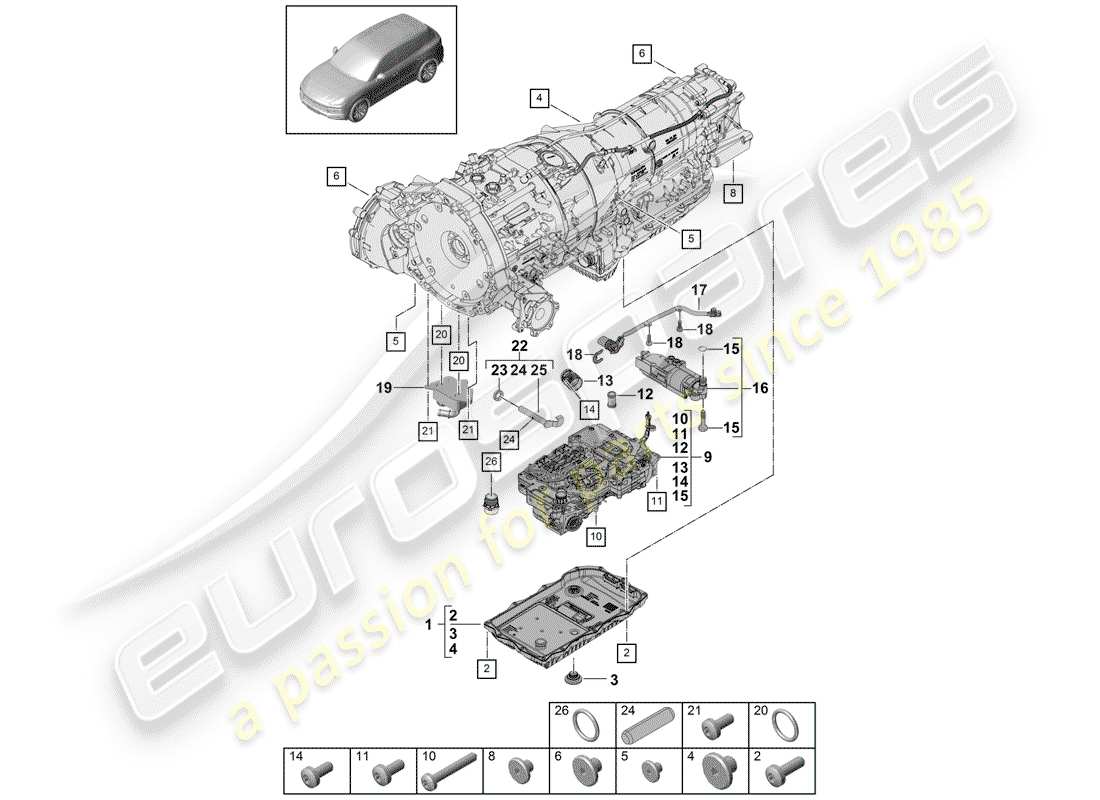 porsche 2018 (cayenne e3 9ya/9yb) 8-speed automatikgetriebe teilediagramm