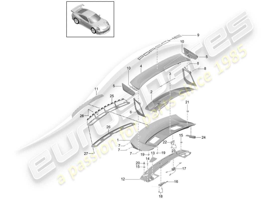 porsche 2014 (991-1 turbo) hinterer kofferraumdeckel - teilediagramm